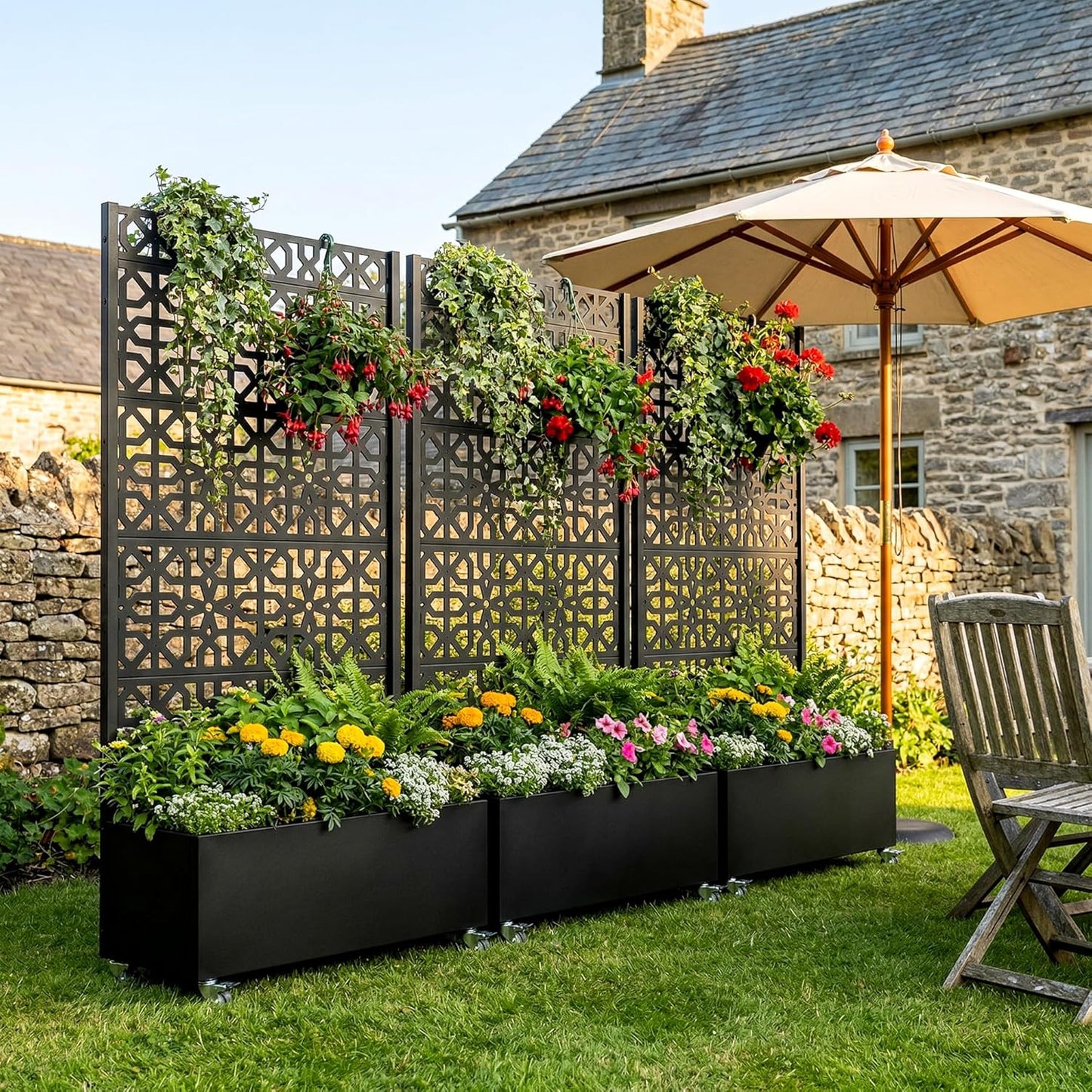 Casaphoria Metal Raised Garden Bed with Trellis and Wheels, 72"x47"x16" Planter Box for Climbing Plants, Vegetables & Vines, Features Drainage Holes and Privacy Screen (Black-Louver) - Colors B