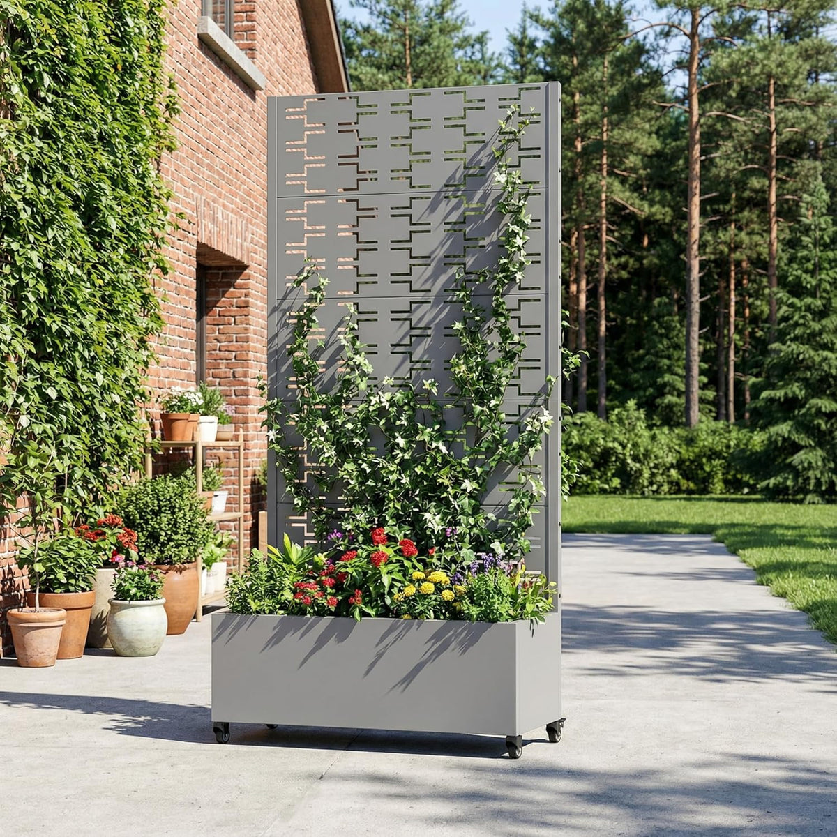 Casaphoria Metal Raised Garden Bed with Trellis and Wheels, 72"x47"x16" Planter Box for Climbing Plants, Vegetables & Vines, Features Drainage Holes and Privacy Screen (Black-Louver) - Colors C