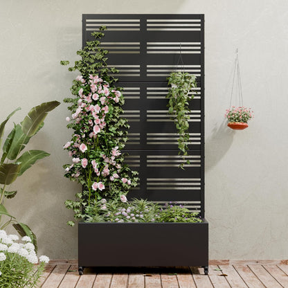 Casaphoria Metal Raised Garden Bed with Trellis and Wheels, 72"x47"x16" Planter Box for Climbing Plants, Vegetables & Vines, Features Drainage Holes and Privacy Screen (Black-Louver) - Colors D