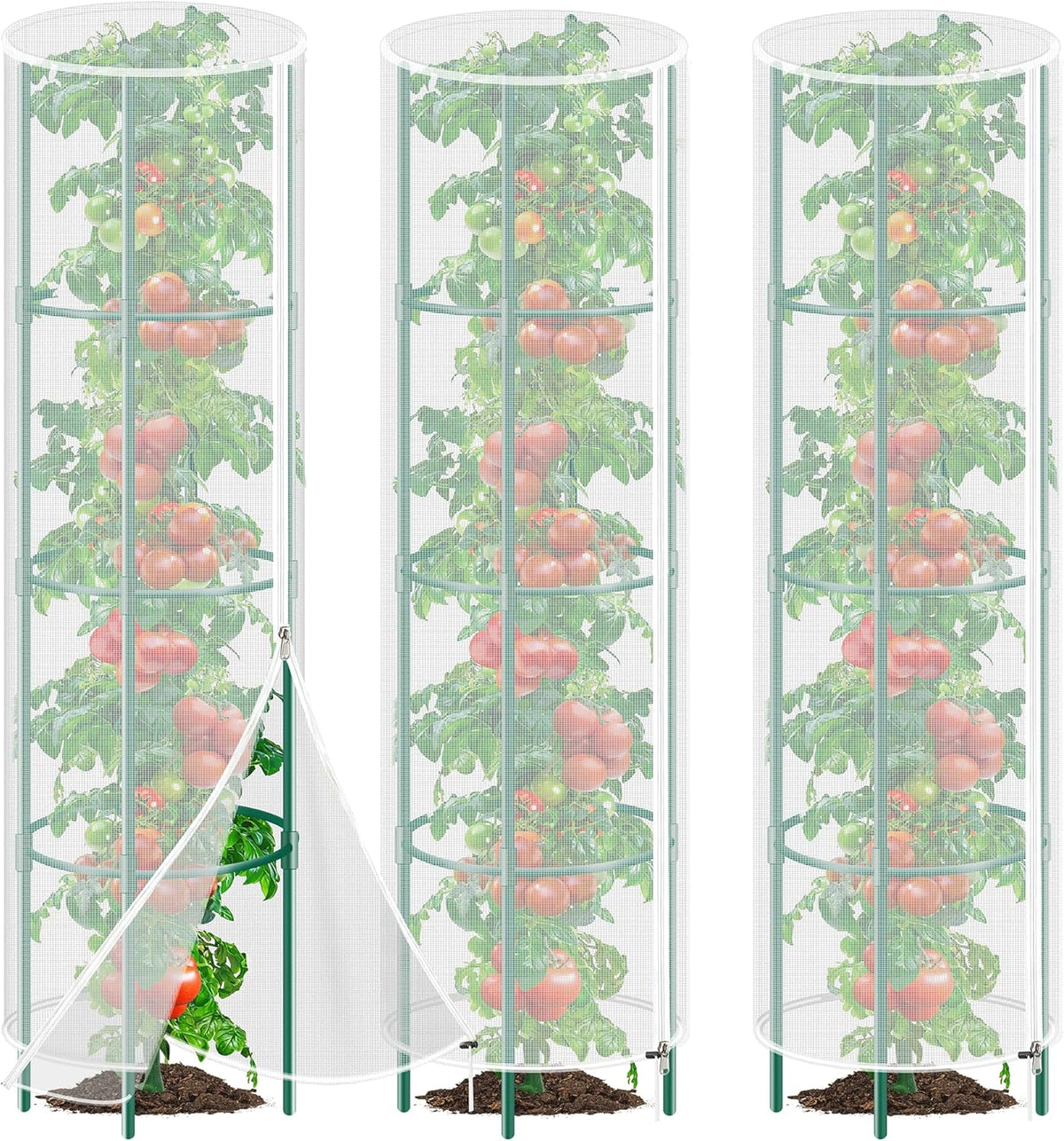 3 Pack Garden Bird Netting Plant Cover for Round Tomato Cage, 61"x13" Insect Bird Barrier Tomato Cage Net with Zipper & Drawstring, Tomato Trellis Netting Protection Cover for Protecting Plants