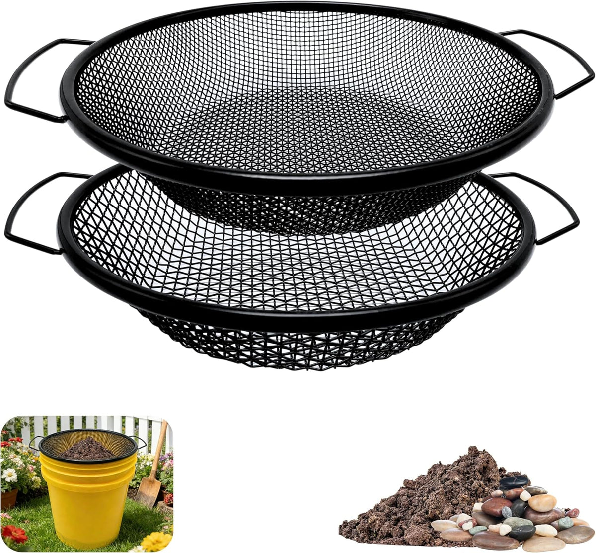 3PCS Soil Sifter for Gardening, Rock Sifter for 5gallon Bucket, Dirt Sifter Compost Sifter, Sifter for Gravel Sawdust Vermicompost, 3mm, 6mm,8mm, Soil Sifter with Handle