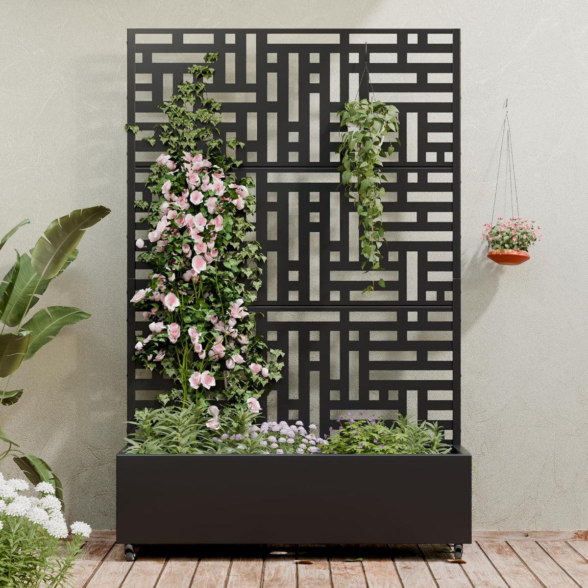 Casaphoria Metal Raised Garden Bed with Trellis and Wheels, 72"x47"x16" Planter Box for Climbing Plants, Vegetables & Vines, Features Drainage Holes and Privacy Screen (Black-Louver) - Colors B