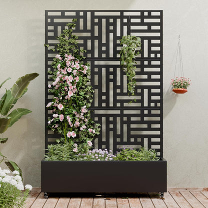 Casaphoria Metal Raised Garden Bed with Trellis and Wheels, 72"x47"x16" Planter Box for Climbing Plants, Vegetables & Vines, Features Drainage Holes and Privacy Screen (Black-Louver) - Colors B
