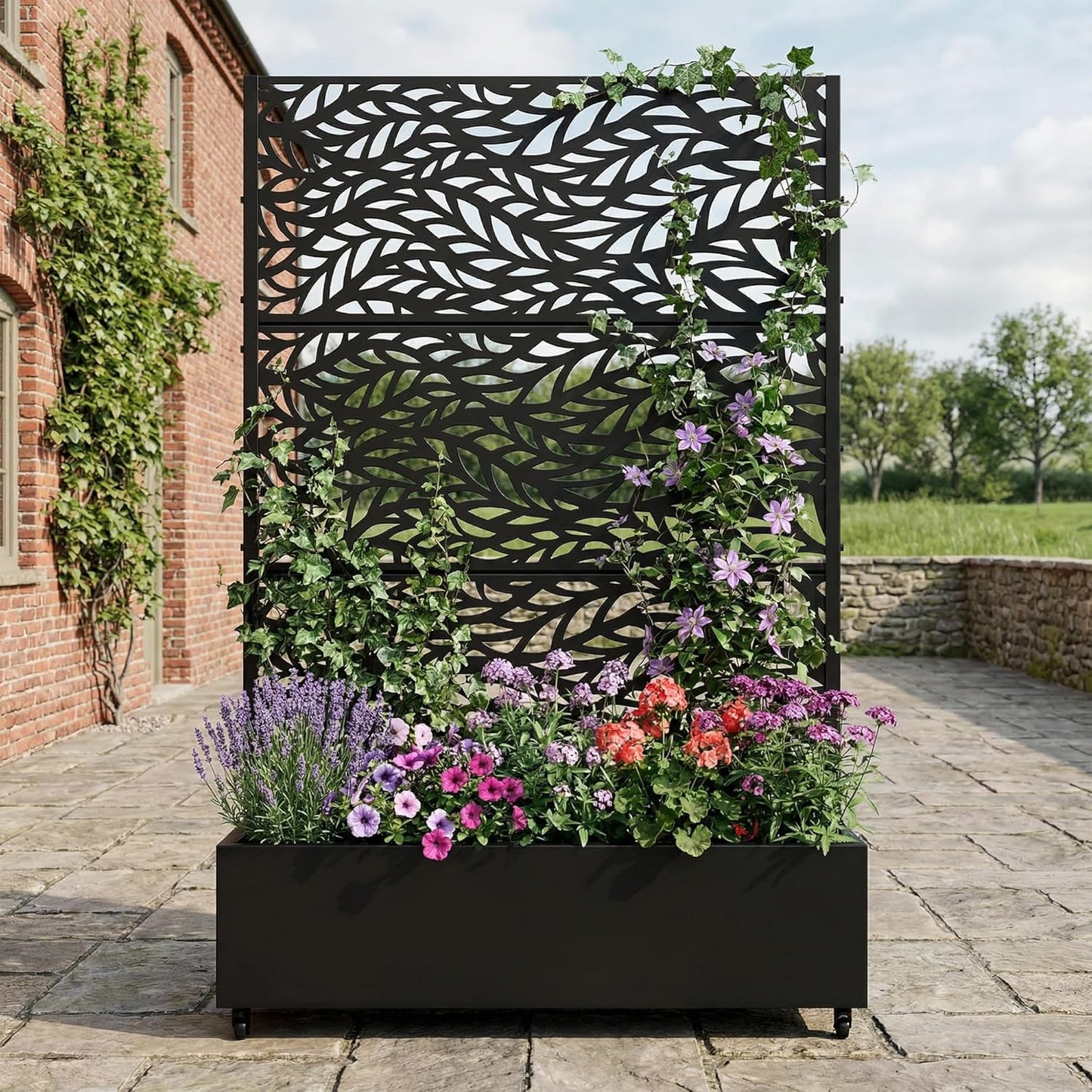 Casaphoria Metal Raised Garden Bed with Trellis and Wheels, 72"x47"x16" Planter Box for Climbing Plants, Vegetables & Vines, Features Drainage Holes and Privacy Screen (Black-Louver) - Colors D