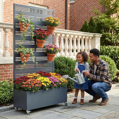 Casaphoria Metal Raised Garden Bed with Trellis and Wheels, 72"x47"x16" Planter Box for Climbing Plants, Vegetables & Vines, Features Drainage Holes and Privacy Screen (Black-Louver) - Colors C
