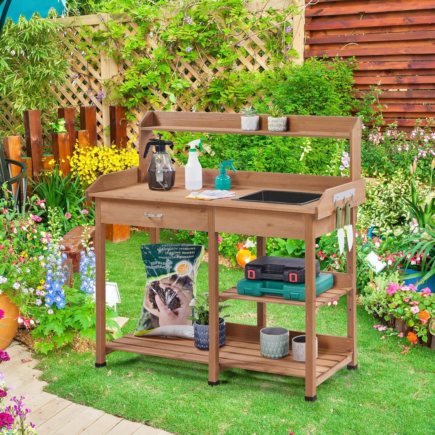 Yaheetech Potting Bench Outdoor Garden Work Bench Station Planting Solid Wood Construction for Horticulture w/Sink Drawer Rack Shelves Natural Wood