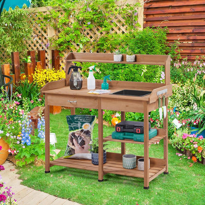 Yaheetech Potting Bench Outdoor Garden Work Bench Station Planting Solid Wood Construction for Horticulture w/Sink Drawer Rack Shelves Natural Wood