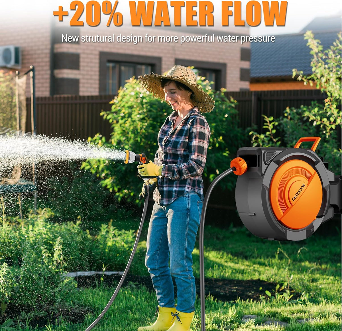 5/8" × 110 ft Retractable Hose Reel, Heavy Duty Retractable Garden Hose Reel Wall Mounted with 10-Pattern Hose Nozzle/Any Length Lock/Slow Return System/180°Swivel Bracket