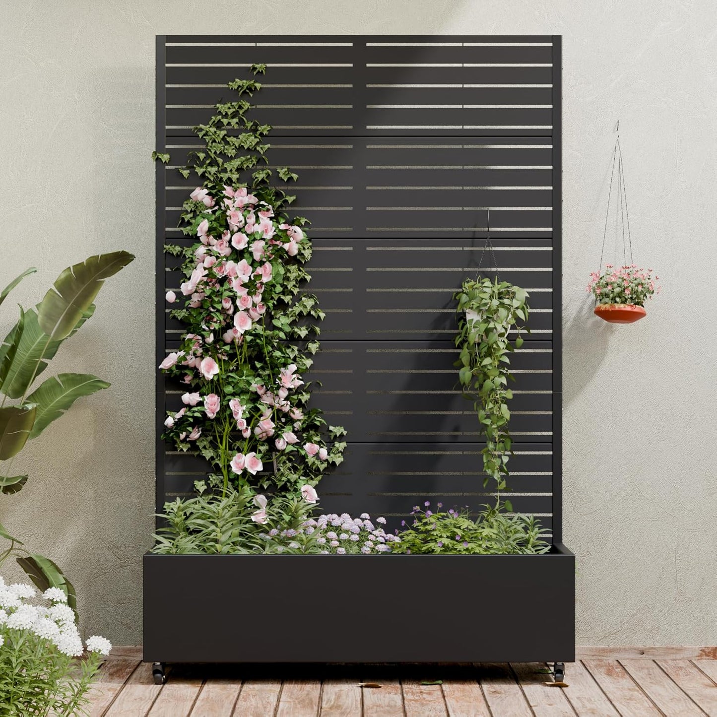 Casaphoria Metal Raised Garden Bed with Trellis and Wheels, 72"x47"x16" Planter Box for Climbing Plants, Vegetables & Vines, Features Drainage Holes and Privacy Screen (Black-Louver) - Colors B