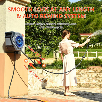 Retractable Garden Hose Reel, 5/8 in x100 ft Heavy Duty Wall Mount Water Hose Reel with Metal Bracket & 9-Pattern Metal Nozzle, Any Length Lock, Slow Retraction and 180° Swivel
