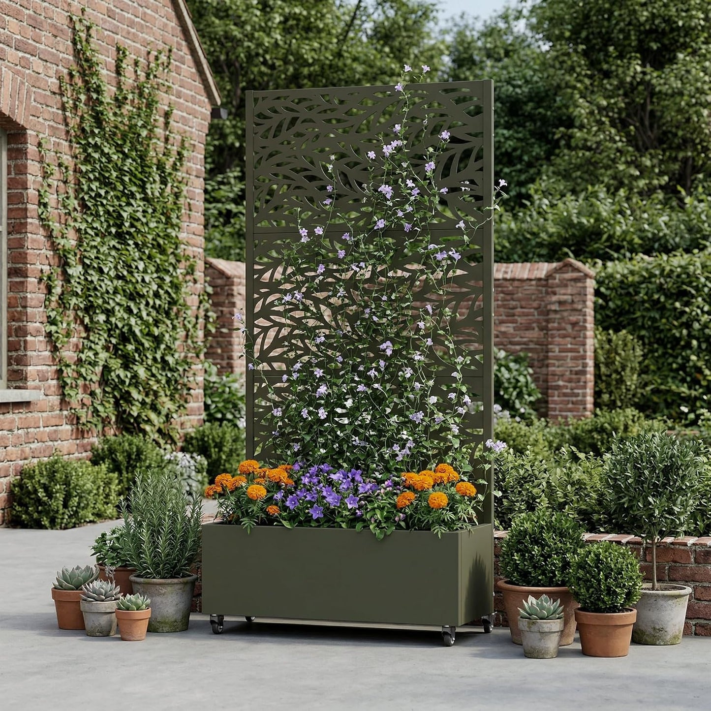 Casaphoria Metal Raised Garden Bed with Trellis and Wheels, 72"x47"x16" Planter Box for Climbing Plants, Vegetables & Vines, Features Drainage Holes and Privacy Screen (Black-Louver) - Colors D