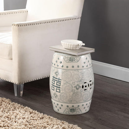 JONATHAN Y Double Happiness 18" Ceramic Garden Stool, Traditional Chinoiserie Dusty Teal and White Indoor/Outdoor Patio Drum Accent Side Table and Plant Stand TBL1013C