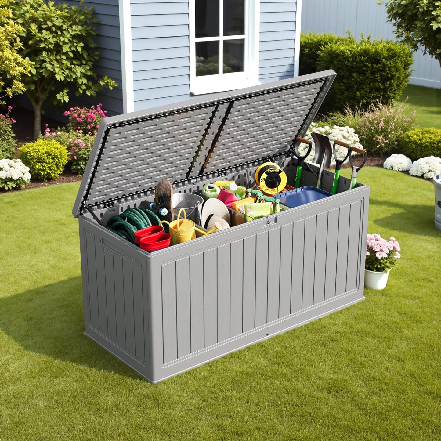 30 Gallon Resin Deck Box Waterproof Outdoor Storage Box for Patio Furniture Pool Accessories Indoor Storage for Cushion Garden Tools (30 Gallon, Black)