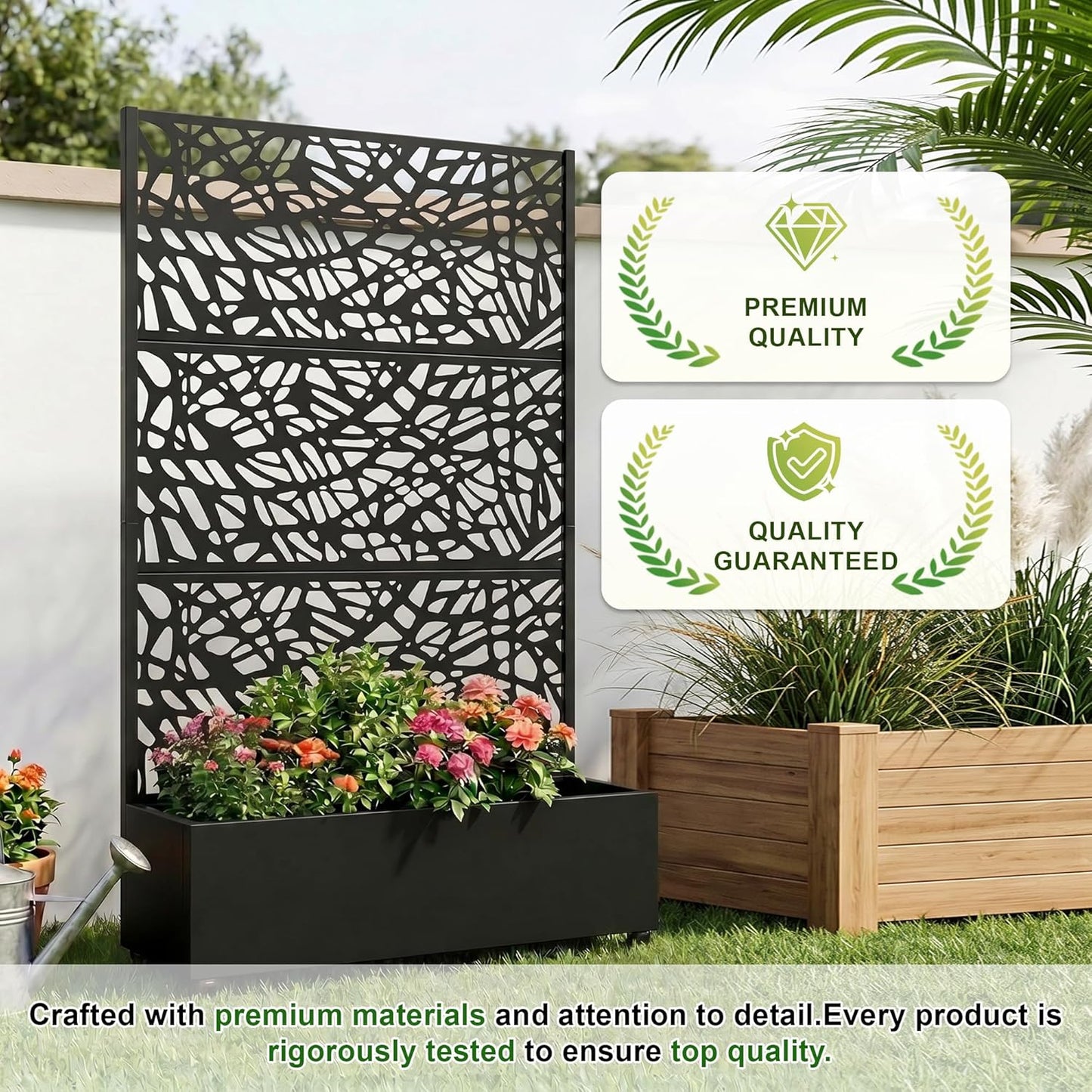 Casaphoria Metal Raised Garden Bed with Trellis and Wheels, 72"x47"x16" Planter Box for Climbing Plants, Vegetables & Vines, Features Drainage Holes and Privacy Screen (Black-Louver) - Colors B