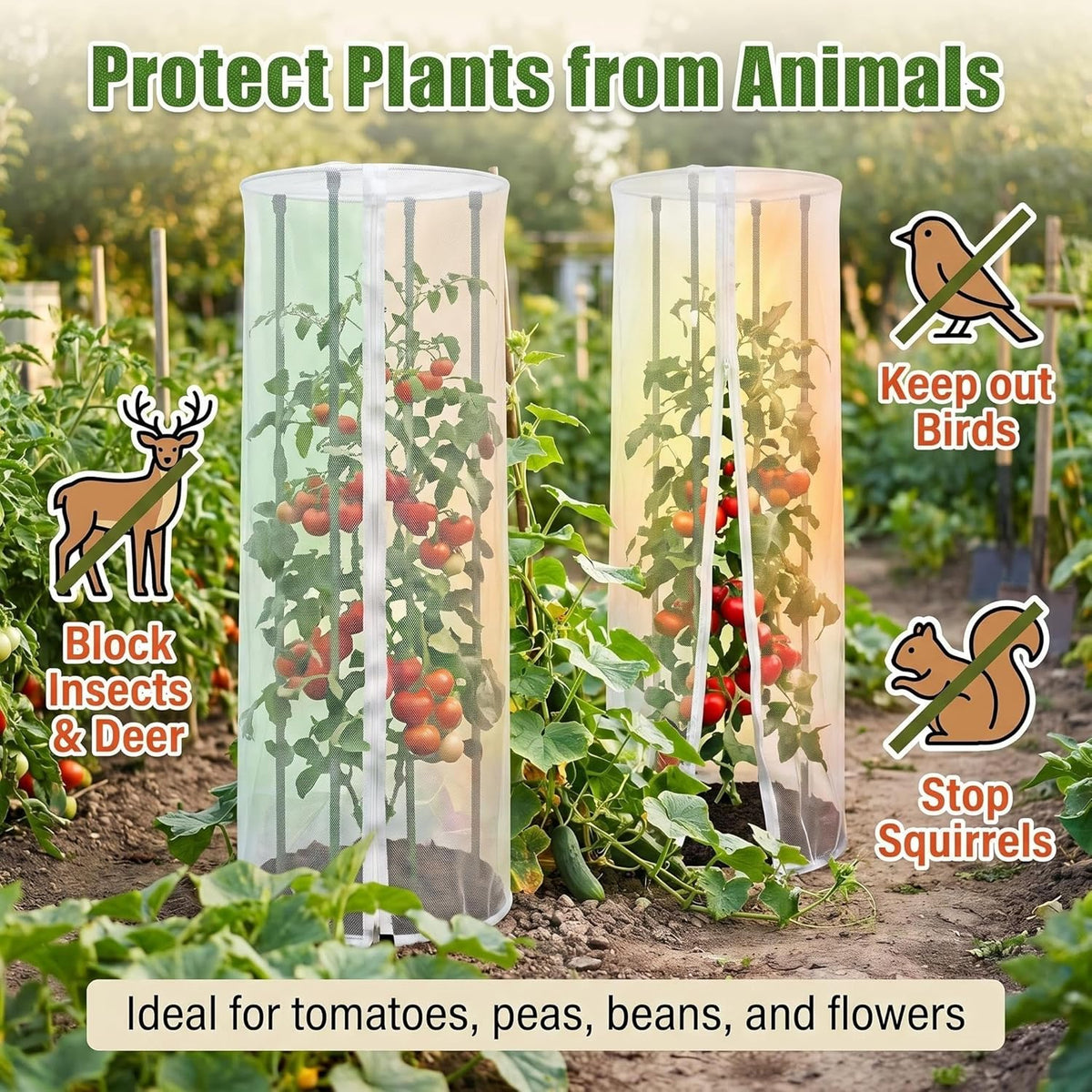 2 Pcs Garden Bird Netting Cover for Round Tomato Cage, 59" x 18" Tomato Trellis Insect Barrier Protection Mesh, Plant Cage Garden Net Cover with Zipper for Vertical Climbing Plants Vegetables Fruits