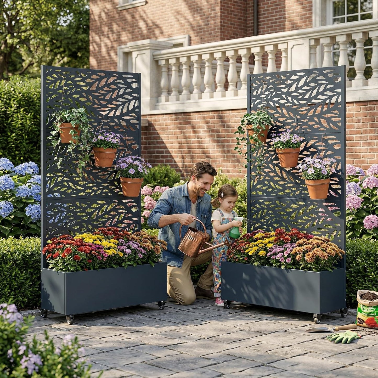 Casaphoria Metal Raised Garden Bed with Trellis and Wheels, 72"x47"x16" Planter Box for Climbing Plants, Vegetables & Vines, Features Drainage Holes and Privacy Screen (Black-Louver) - Colors A