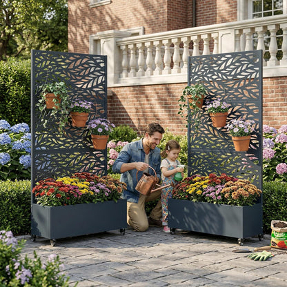Casaphoria Metal Raised Garden Bed with Trellis and Wheels, 72"x47"x16" Planter Box for Climbing Plants, Vegetables & Vines, Features Drainage Holes and Privacy Screen (Black-Louver) - Colors A