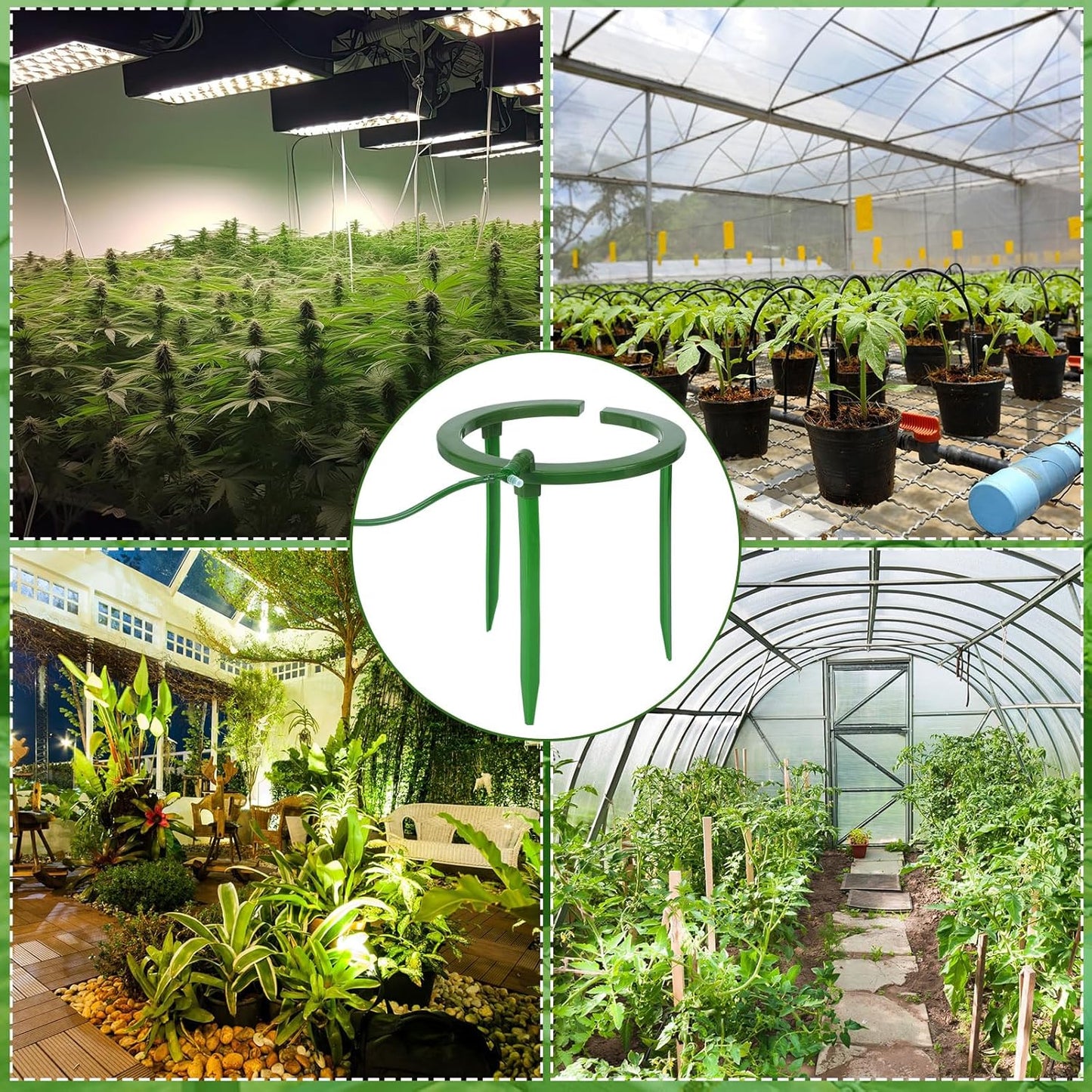 Tujoe 4 Set Water Ring 3 Leg Support Drip Emitter Drip Ring with 1/8 Inch Barbed Inlet Fitting Removable Stakes for Grow Media Irrigation System Rain Watering Tree Plants, Green (5 Inch)
