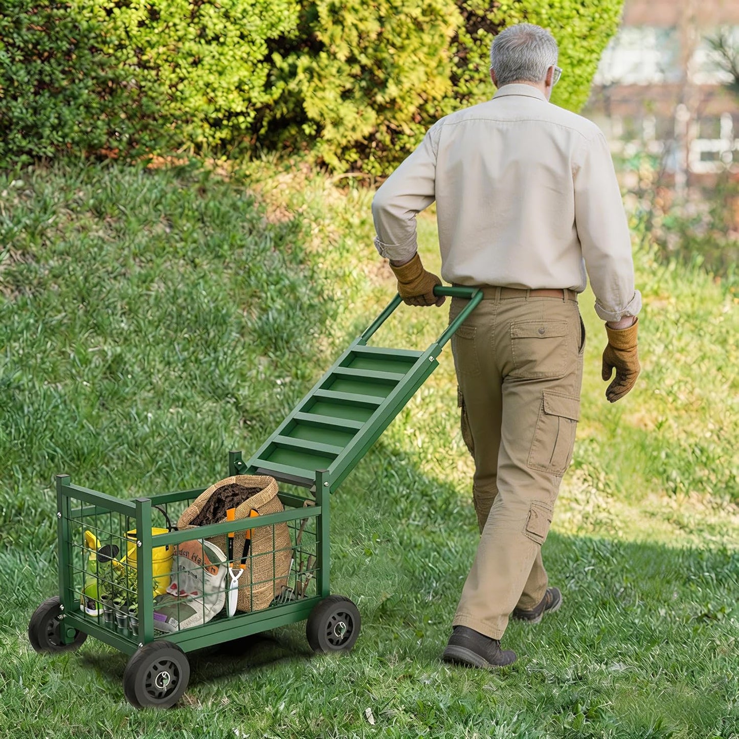 FLINTER Rolling Garden Work Seat with Wheels, Upgraded Heavy Duty Gardenning Cart with Seat - Garden Rolling Stools with Wheels for Seniors, Lawn, Patio & Backyard Gardening, Green
