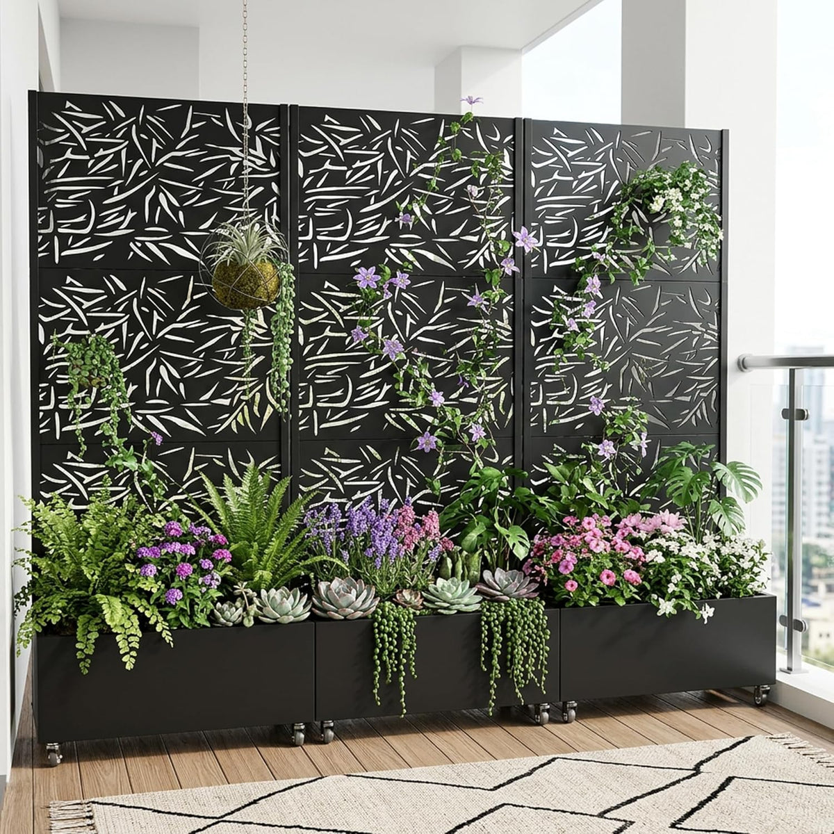 Casaphoria Metal Raised Garden Bed with Trellis and Wheels, 72"x47"x16" Planter Box for Climbing Plants, Vegetables & Vines, Features Drainage Holes and Privacy Screen (Black-Louver) - Colors A