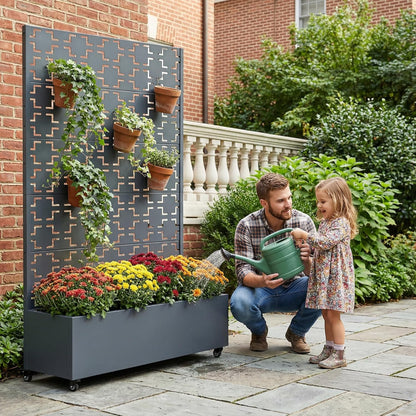 Casaphoria Metal Raised Garden Bed with Trellis and Wheels, 72"x47"x16" Planter Box for Climbing Plants, Vegetables & Vines, Features Drainage Holes and Privacy Screen (Black-Louver) - Colors A