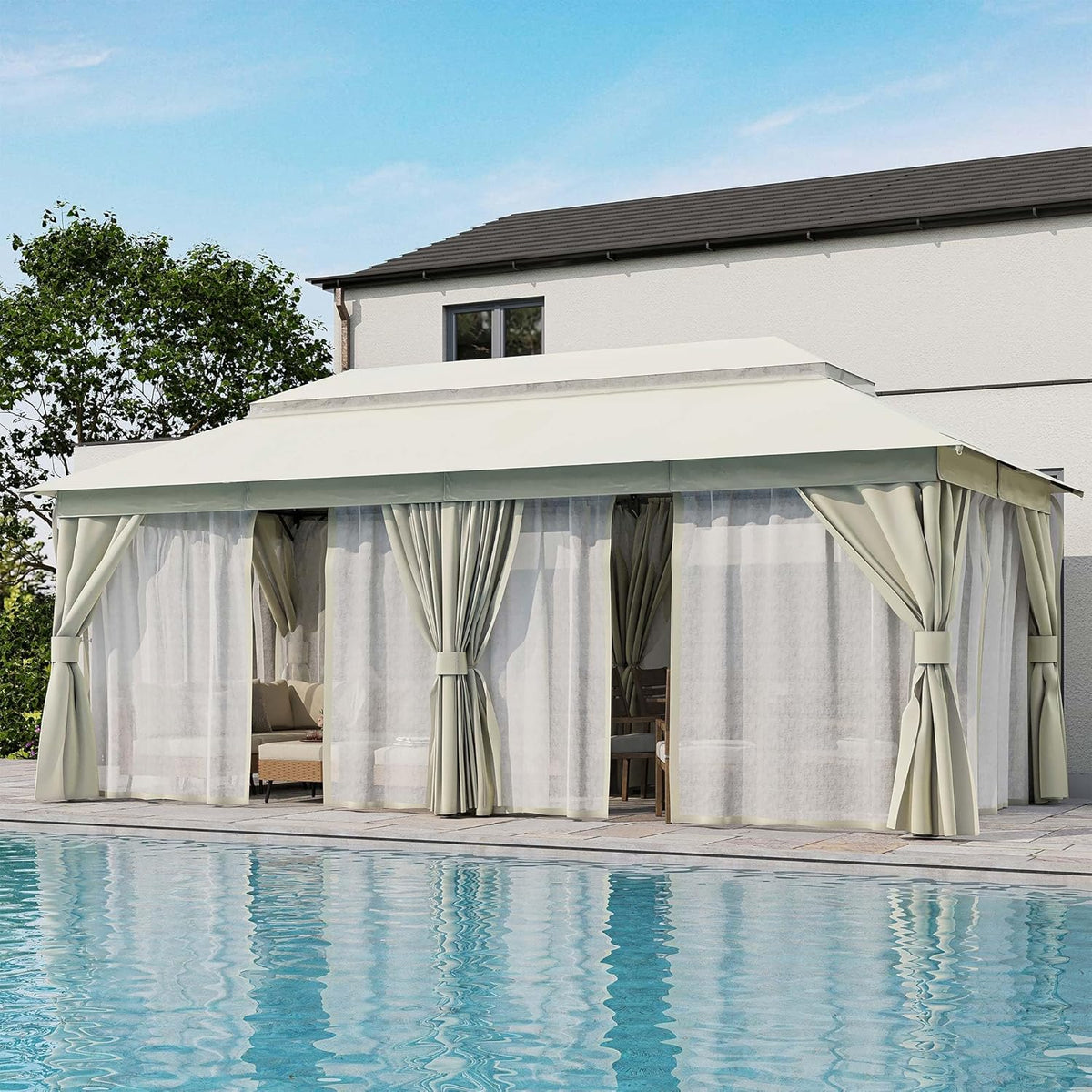 10x20 Gazebo Canopy with 100FT String Lights, Metal Heavy Duty Patio Canopy Tent with Double Roofs, Mosquito Nettings and Privacy Screens for Backyard, Garden, Lawn, Gray