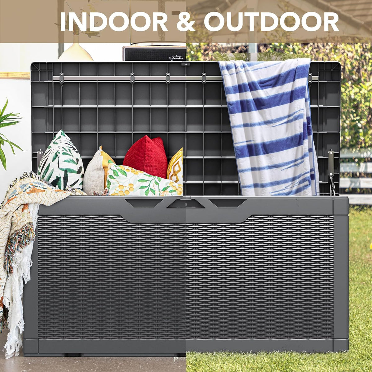 Devoko 100 Gallon Waterproof Large Resin Deck Box Indoor Outdoor Lockable Storage Container for Patio Furniture Cushions Garden Tools (100 Gallon, Black)