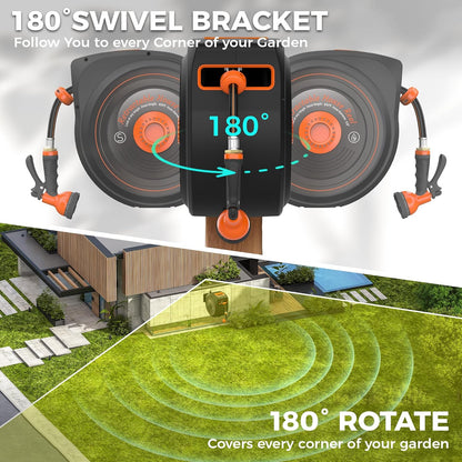 Retractable Garden Hose Reel 65 FT 1/2 IN for Outside, Upgraded 10 Spray Patterns, Heavy Duty Automatic Water Hose Reel with Any Length Lock, Wall Mount, Pro Guide System, 180° Swivel