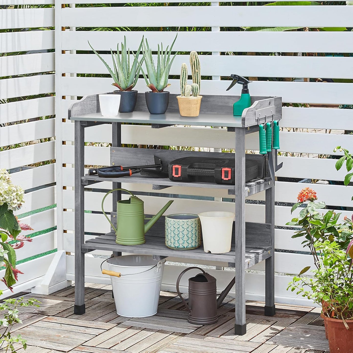 Yaheetech Outdoor Garden Potting Bench Table Wooden Horticulture Planting Worstation w/Metal Tabletop/Storage Shelf/3 Hooks, Natural Wood