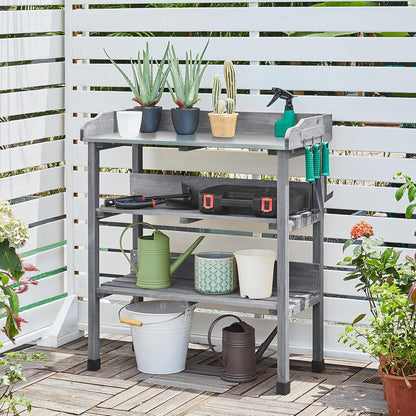 Yaheetech Outdoor Garden Potting Bench Table Wooden Horticulture Planting Worstation w/Metal Tabletop/Storage Shelf/3 Hooks, Natural Wood