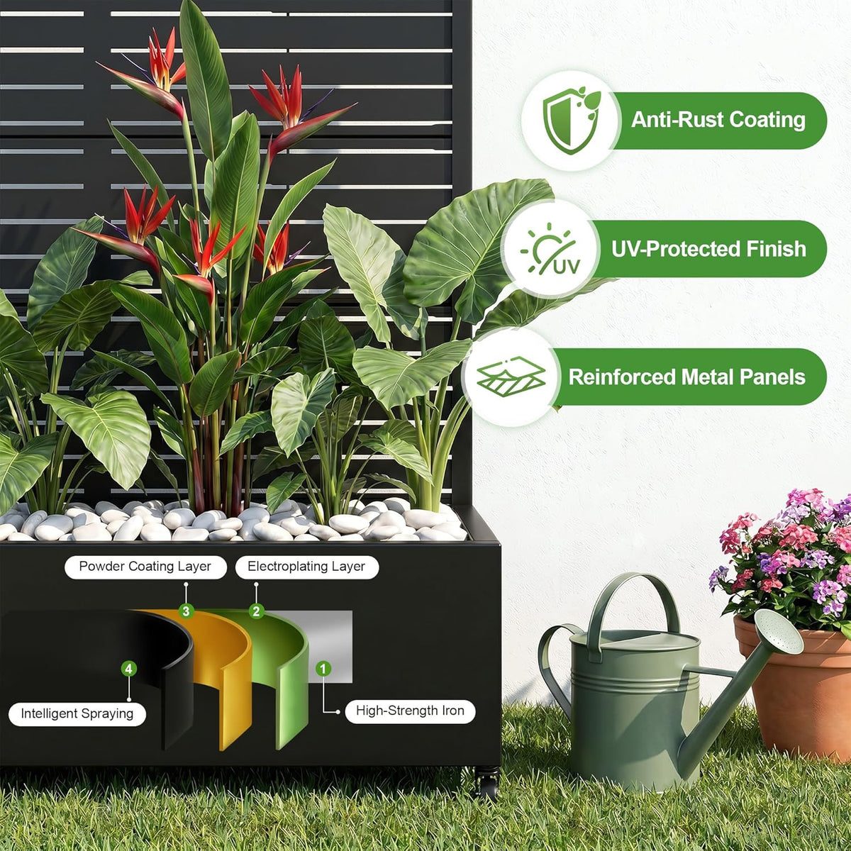 Casaphoria Metal Raised Garden Bed with Trellis and Wheels, 72"x47"x16" Planter Box for Climbing Plants, Vegetables & Vines, Features Drainage Holes and Privacy Screen (Black-Louver) - Colors B