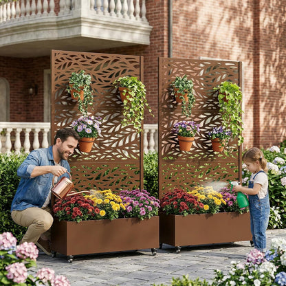Casaphoria Metal Raised Garden Bed with Trellis and Wheels, 72"x47"x16" Planter Box for Climbing Plants, Vegetables & Vines, Features Drainage Holes and Privacy Screen (Black-Louver) - Colors C