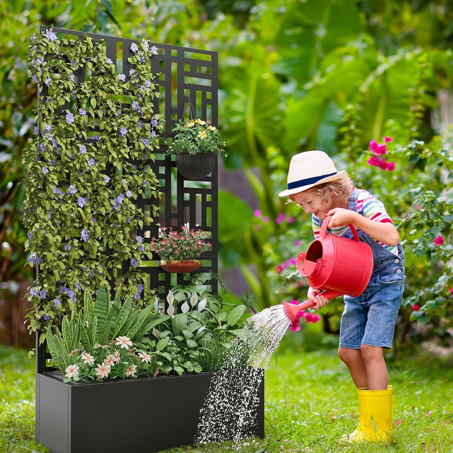Casaphoria Metal Raised Garden Bed with Trellis and Wheels, 72"x47"x16" Planter Box for Climbing Plants, Vegetables & Vines, Features Drainage Holes and Privacy Screen (Black-Louver) - Colors C