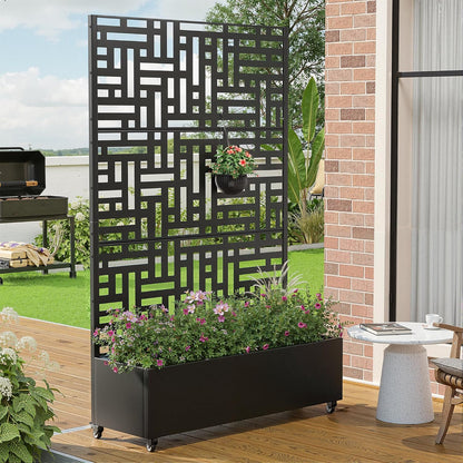 Casaphoria Metal Raised Garden Bed with Trellis and Wheels, 72"x47"x16" Planter Box for Climbing Plants, Vegetables & Vines, Features Drainage Holes and Privacy Screen (Black-Louver) - Colors B