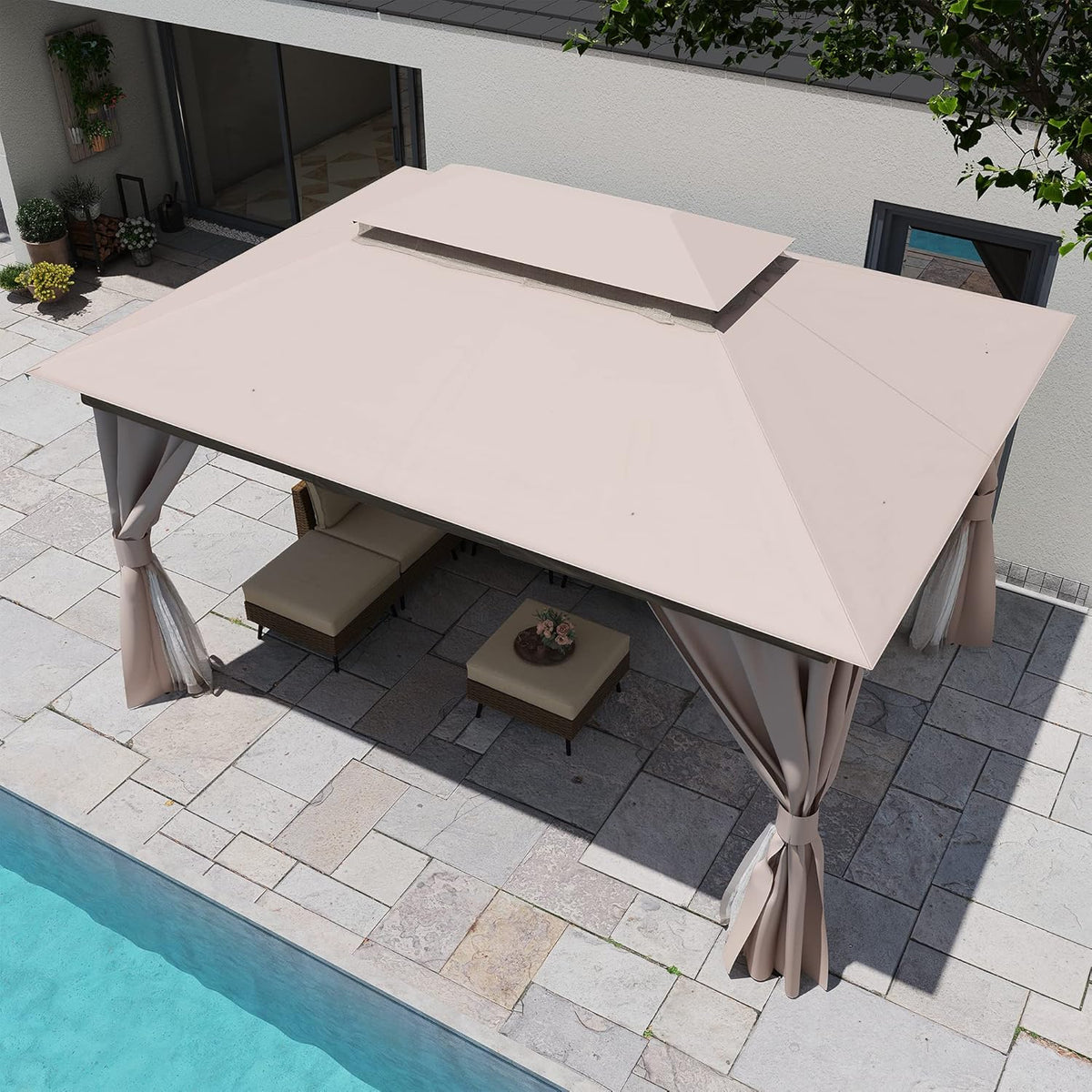 10x20 Gazebo Canopy with 100FT String Lights, Metal Heavy Duty Patio Canopy Tent with Double Roofs, Mosquito Nettings and Privacy Screens for Backyard, Garden, Lawn, Gray