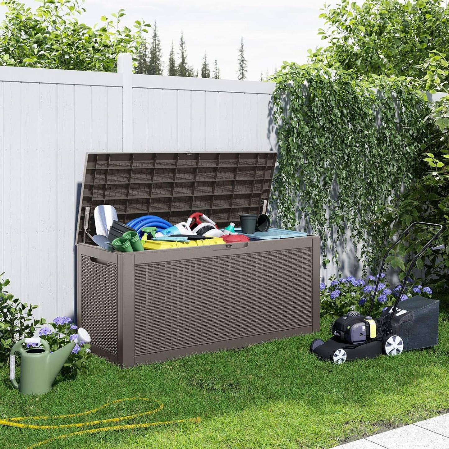 30 Gallon Outdoor Deck Box, Lockable Waterproof Outdoor Storage Boxes For Garden Tools,Indoor Cushions,Accessories Outside Storage Resin Weatherproof Container(Black)