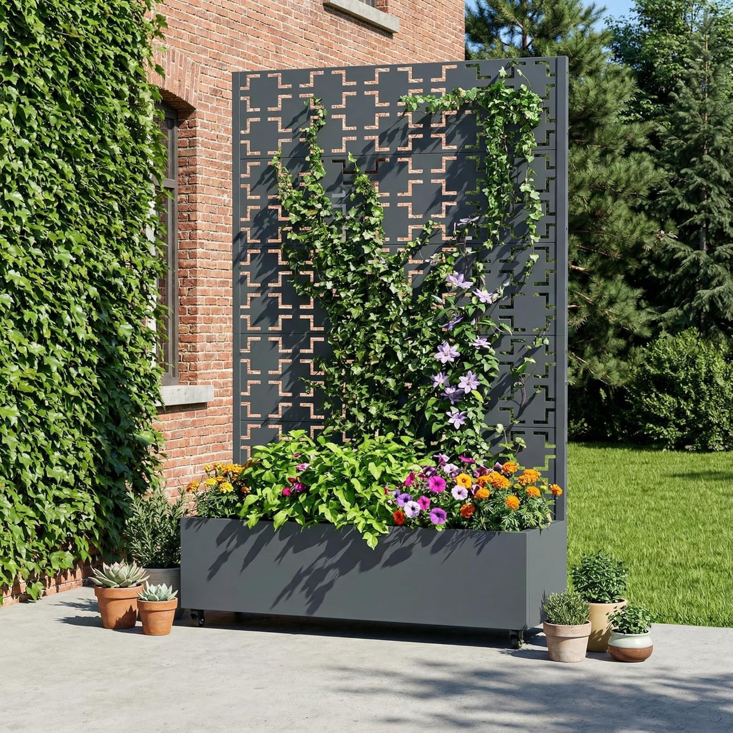 Casaphoria Metal Raised Garden Bed with Trellis and Wheels, 72"x47"x16" Planter Box for Climbing Plants, Vegetables & Vines, Features Drainage Holes and Privacy Screen (Black-Louver) - Colors A