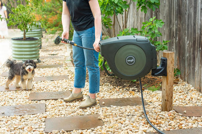 Vego Garden Hose Reel Retractable Hi-Flow Wall Mounted Hose Reel Automatic Rewind, Any Length Lock with 9 Patterns Sprayer Nozzle, Quick Connector and Adjustable shot Nozzle (Seaweed Green, 100ft)