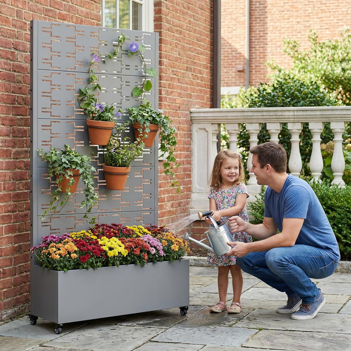 Casaphoria Metal Raised Garden Bed with Trellis and Wheels, 72"x47"x16" Planter Box for Climbing Plants, Vegetables & Vines, Features Drainage Holes and Privacy Screen (Black-Louver) - Colors C