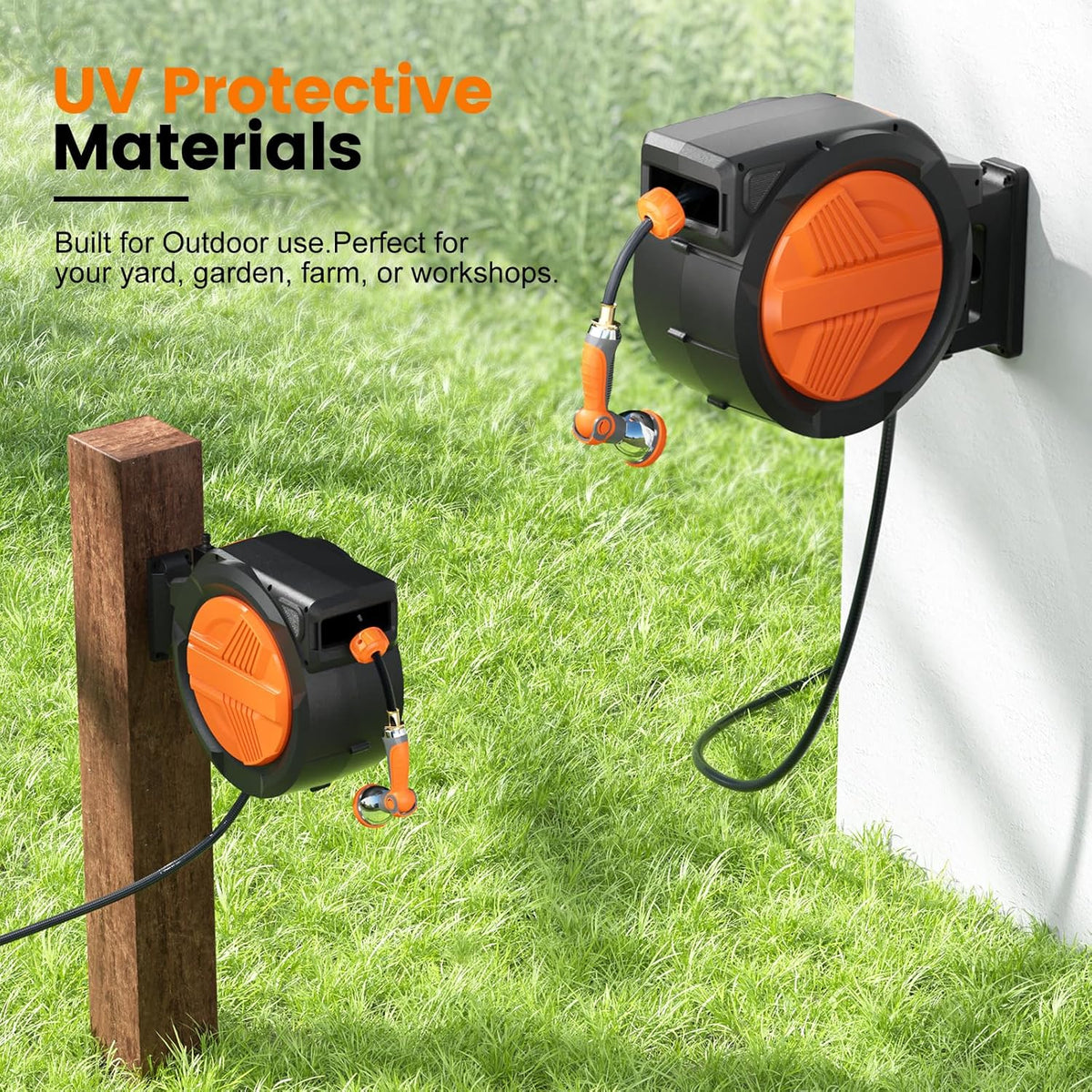 Retractable Garden Hose Reel 1/2” x 100ft, Auto Rewind Hose Reels for Outside, Heavy-Duty Wall-Mounted Outdoor Hose, 10-Mode Nozzle, Adjustable Length, 180° Rotation for Watering, Car Washing
