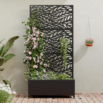 Casaphoria Metal Raised Garden Bed with Trellis and Wheels, 72"x47"x16" Planter Box for Climbing Plants, Vegetables & Vines, Features Drainage Holes and Privacy Screen (Black-Louver) - Colors D