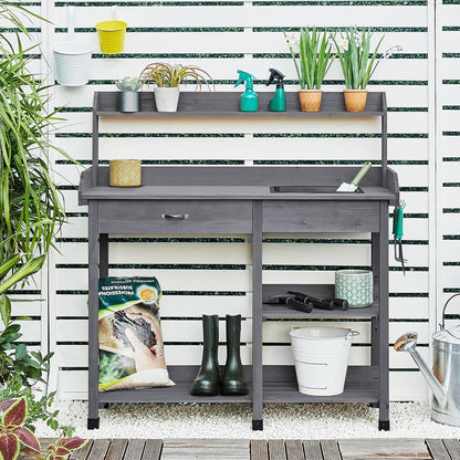 Yaheetech Potting Bench Outdoor Garden Work Bench Station Planting Solid Wood Construction for Horticulture w/Sink Drawer Rack Shelves Natural Wood