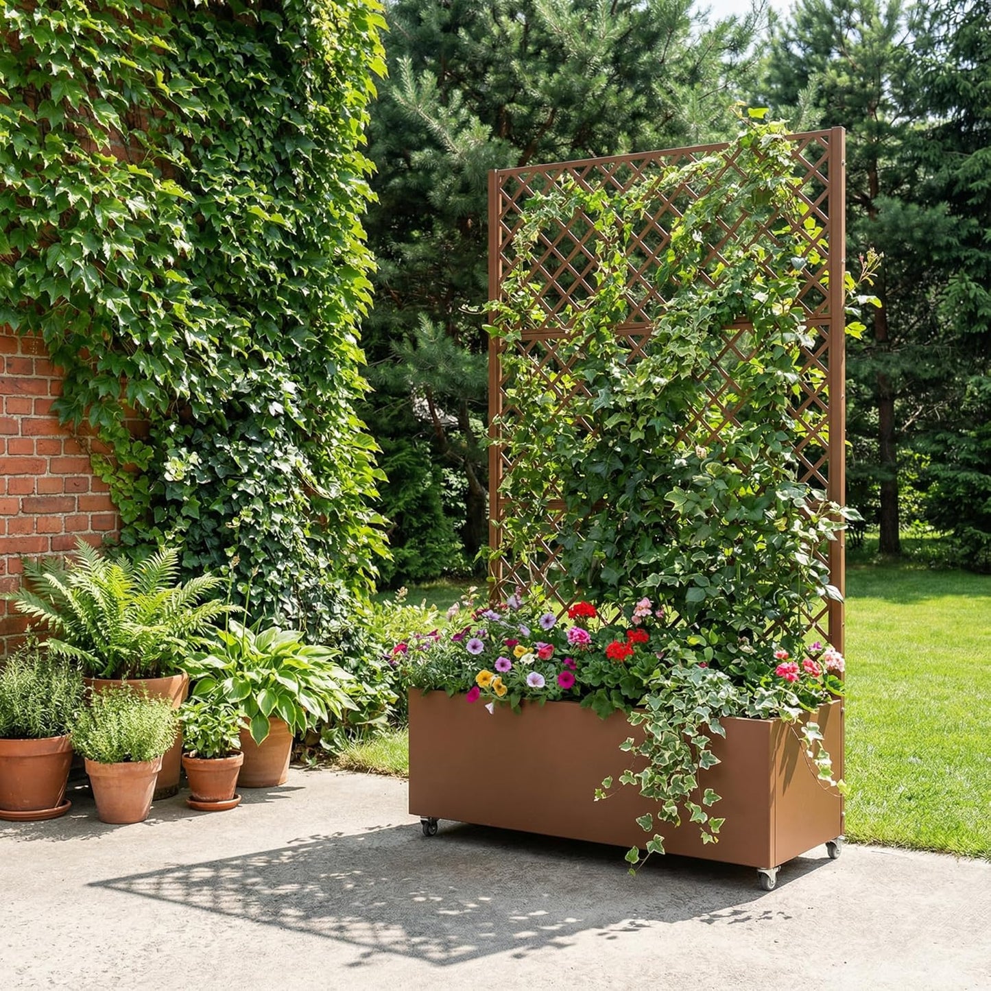 Casaphoria Metal Raised Garden Bed with Trellis and Wheels, 72"x47"x16" Planter Box for Climbing Plants, Vegetables & Vines, Features Drainage Holes and Privacy Screen (Black-Louver) - Colors A