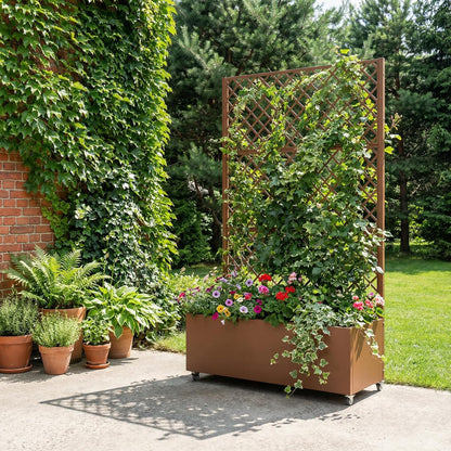 Casaphoria Metal Raised Garden Bed with Trellis and Wheels, 72"x47"x16" Planter Box for Climbing Plants, Vegetables & Vines, Features Drainage Holes and Privacy Screen (Black-Louver) - Colors A