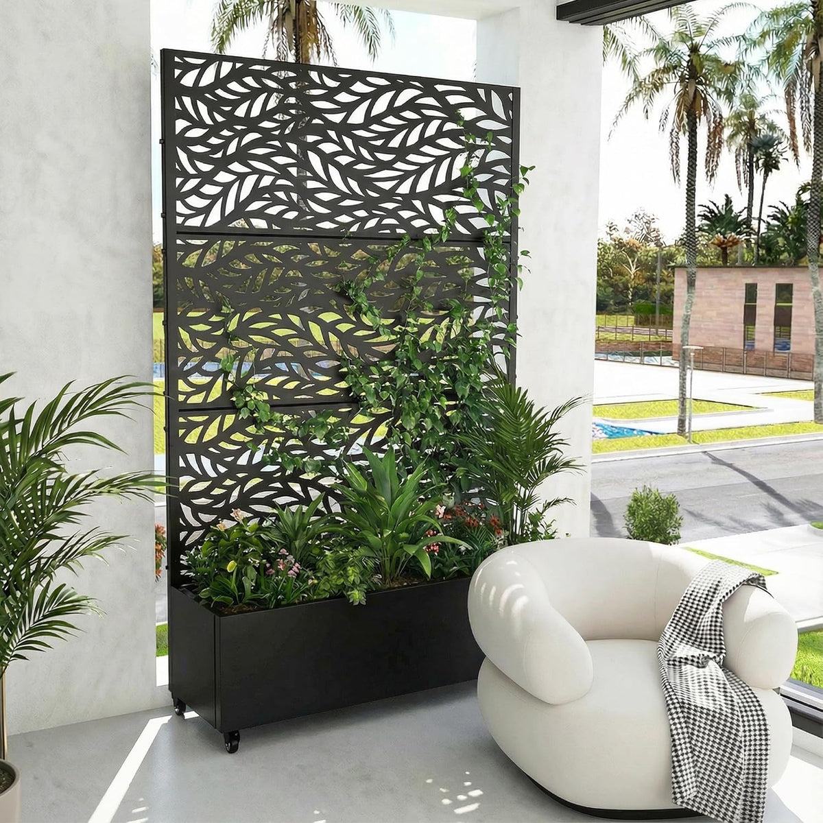 Casaphoria Metal Raised Garden Bed with Trellis and Wheels, 72"x47"x16" Planter Box for Climbing Plants, Vegetables & Vines, Features Drainage Holes and Privacy Screen (Black-Louver) - Colors D