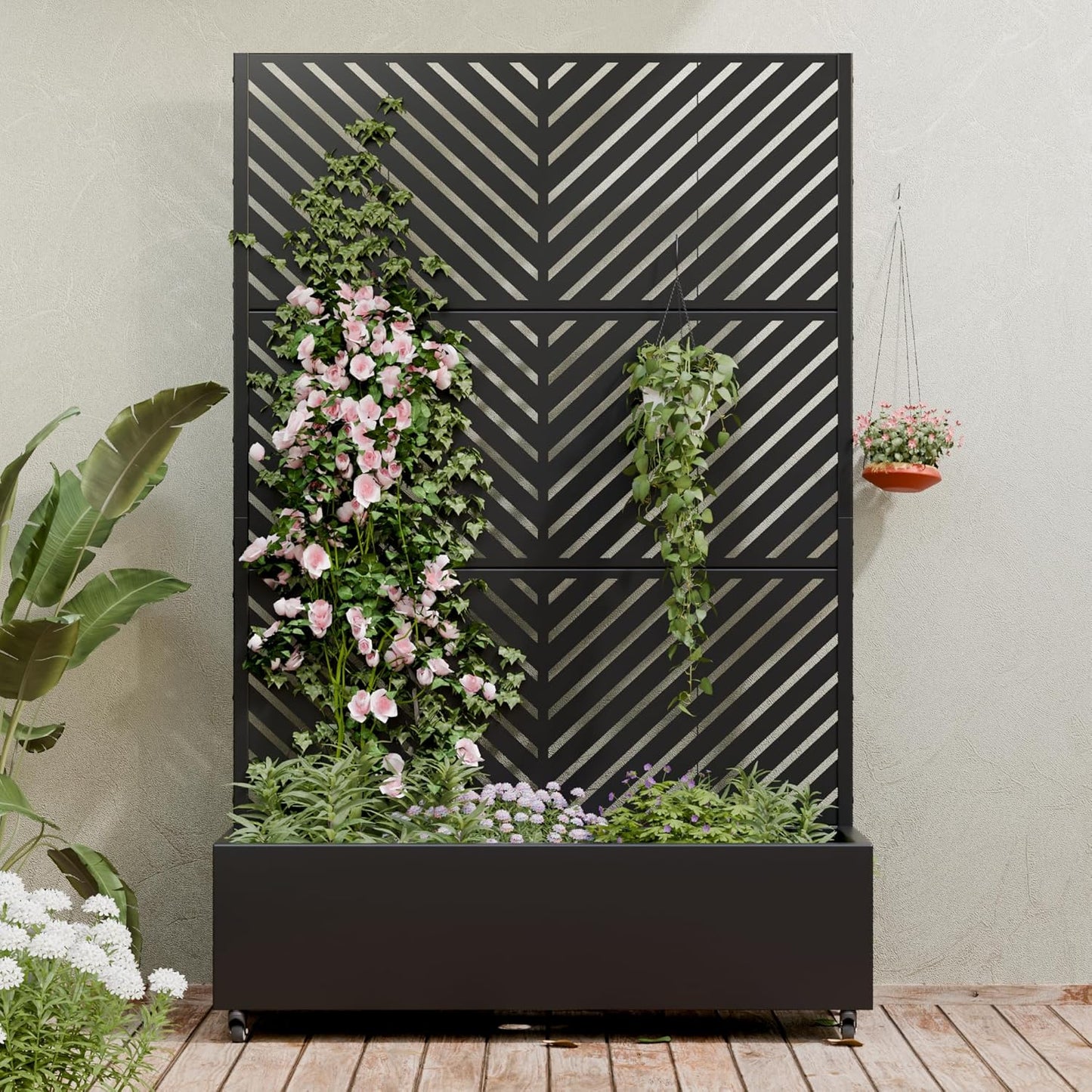Casaphoria Metal Raised Garden Bed with Trellis and Wheels, 72"x47"x16" Planter Box for Climbing Plants, Vegetables & Vines, Features Drainage Holes and Privacy Screen (Black-Louver) - Colors C