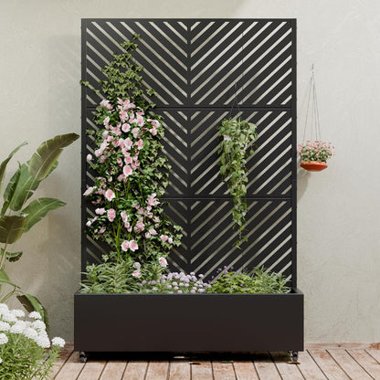 Casaphoria Metal Raised Garden Bed with Trellis and Wheels, 72"x47"x16" Planter Box for Climbing Plants, Vegetables & Vines, Features Drainage Holes and Privacy Screen (Black-Louver) - Colors C