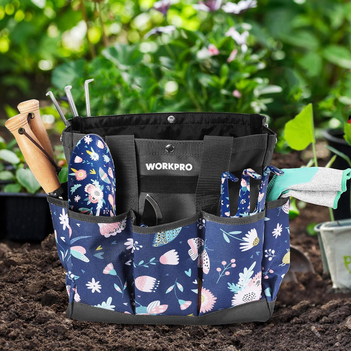 WORKPRO Garden Tool Bag, 9 Pockets Gardening Bag, Heavy Duty Oxford Garden Tote Caddy (Tools NOT Included), 12" x 12" x 6" (Floral White)