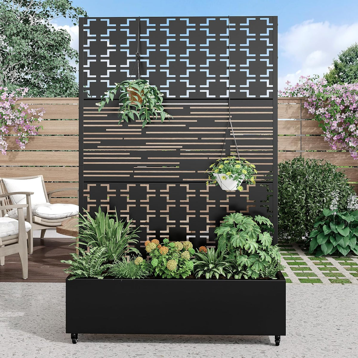 Casaphoria Metal Raised Garden Bed with Trellis and Wheels, 72"x47"x16" Planter Box for Climbing Plants, Vegetables & Vines, Features Drainage Holes and Privacy Screen (Black-Louver) - Colors C