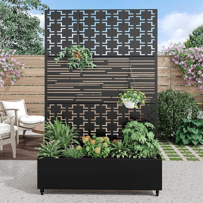 Casaphoria Metal Raised Garden Bed with Trellis and Wheels, 72"x47"x16" Planter Box for Climbing Plants, Vegetables & Vines, Features Drainage Holes and Privacy Screen (Black-Louver) - Colors C
